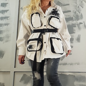 Painted Beige Maxi Shirt: Oversized Avant Garde Tunic with Pockets