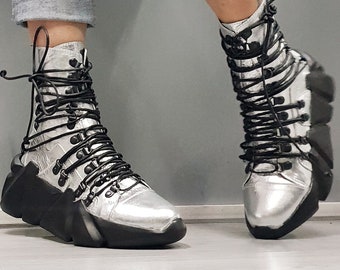 Silver Leather Gothic Sneakers: Extravagant Platform Sole
