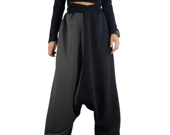 Avant Garde Harem Pants – Asymmetrical Black Grey Wide Leg Trousers, Loose Designer Clothing