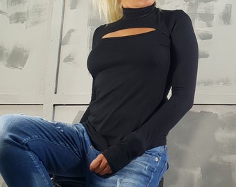 Black Cotton Turtle Neck Top: Fitted Long Sleeve with Thumb Holes