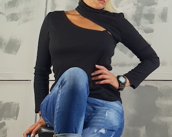 Black Cotton Turtle Neck Top: Extravagant Fitted Long Sleeve Blouse
