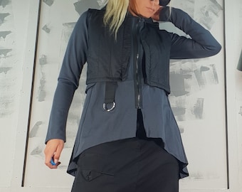 Hooded Asymmetrical Blazer: Women's Avant Garde Steampunk Jacket, Gothic Urban Coat, Statement Denim Outerwear, Extravagant Fashion