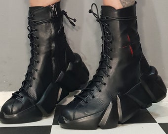 Gothic Black Leather Ankle Boots – Handmade Avant Garde Sneakers, Extravagant Women’s Shoes, Artistic Punk Alternative Footwear