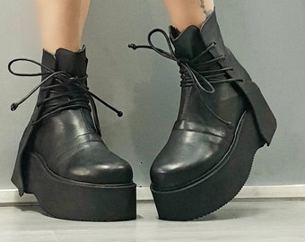 Genuine Leather Platform Ankle Boots: Gothic Grunge Shoes