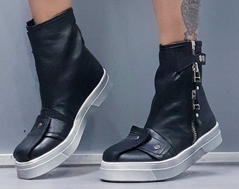 Gothic Leather Ankle Boots: Women's Zipper Platform Sneakers