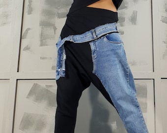 Avant Garde Harem Pants: Cotton Blend, Applied Jeans Detail