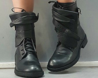 Black Leather Ankle Boots: Gothic Steampunk Flat Booties