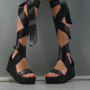 Extravagant Platform Black Sandals, Wedge Shoes, Leather Sandals, Gladiator Sandals, Steampunk Shoes, Strappy Sandals, Gothic Sandals