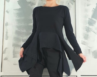 Avant Garde Black Tunic: Deconstructed Asymmetrical Top