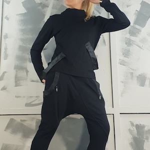 Avant Garde Black Cotton Two Piece Set: Asymmetrical Blouse & Harem Pants