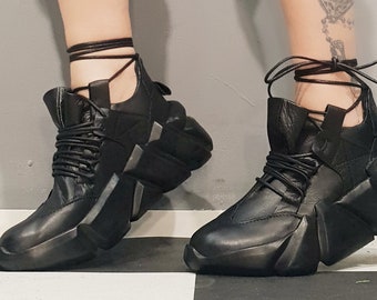 Avant Garde Leather Platform Sneakers – Chunky Gothic Shoes, Designer Streetwear Footwear for Women, Bold Statement Shoes