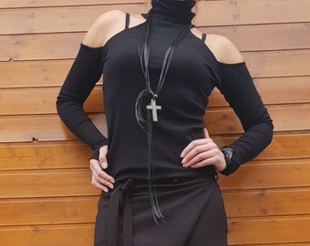 Black Cotton Cold Shoulder Top: Avant Garde Fitted Turtleneck