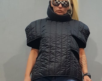 Chaleco de mujer, chaqueta sin mangas, chaqueta negra extravagante, ropa de vanguardia, chaleco holgado sin mangas de invierno