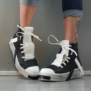 Genuine Women Sneakers, Gothic Leather Sneakers, Comfortable Sneakers with Ties, Party Sneakers, Grunge Sneakers, Nonstandarddesign