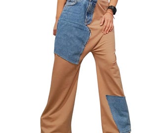 Beige Wide Leg Pants, Denim Patchwork High Waist Trousers, Avant Garde Designer Pants