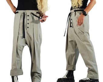 Pantalones harem grises de tiro bajo, pantalones de talle alto, pantalones anchos de estilo vanguardista.