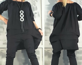 Asymmetrical Black Tunic: Avant Garde Oversized Long Sleeve Shirt