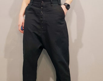 Black Harem Pants, Women Drop Crotch Linen Trousers, Avant Garde Loose Baggy Pants