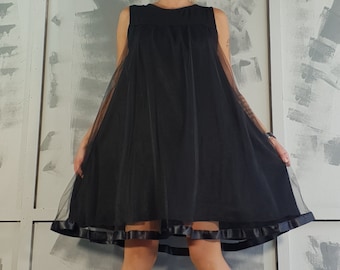Loose Short Black Dress/Fashion Dress With Tulle/Extravagant Dress/Sleeveless Black Dress/Comfortable Party DressNonstandarddesign
