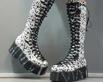 Panda Print Leather Platform Boots: Gothic Grunge High Boots