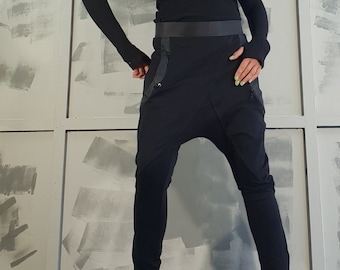 Avant-garde harembroek: zwarte damesbroek, handgemaakte designerbroek, unieke streetwear-mode