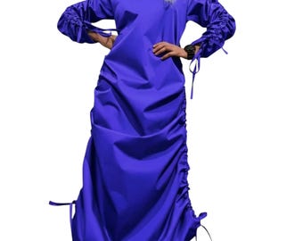 Blue Asymmetrical Maxi Dress, Avant Garde Gothic Long Sleeve Dress, Designer Clothing