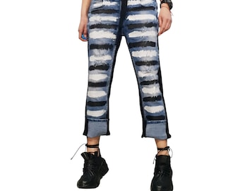 Damesbroek geverfde denim, avant-garde loose fit jeans, baggy unieke jeans