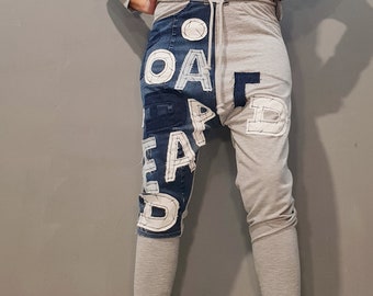 Dames harembroek, extravagante broek, avant-gardebroek, gothic broek, vrijetijdsbroek, grijze losse broek, pplied jeans