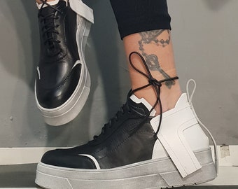 Avant Garde Leather Platform Sneakers – Black High‑Top Chunky Shoes, Handmade Statement Footwear, Women Design Sneakers