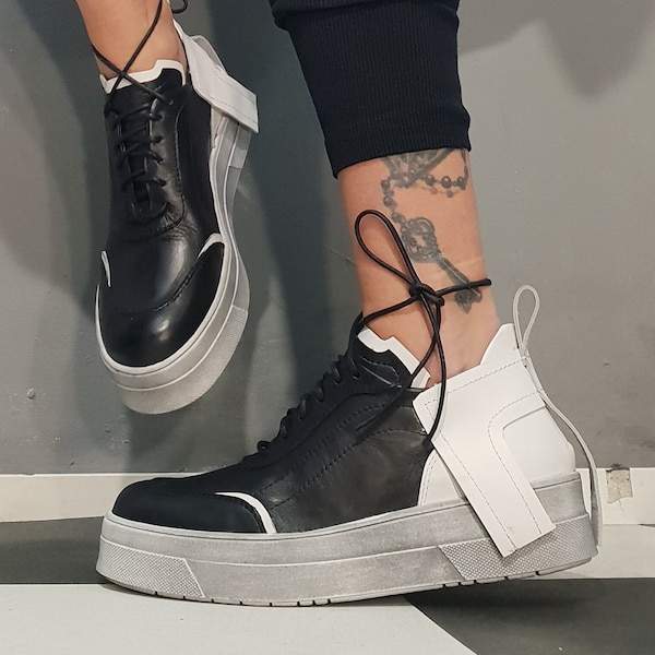 Extravagant Shoes, Genuine Women Sneakers, Black and White Sneakers, Genuine Leather Shoes, Grunge Sneakers, Avant Garde Shoes