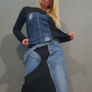 Avant Garde Cotton Skirt Set – Extravagant Black Top and Patchwork Skirt – Artistic Two Piece Outfit – Deconstructed Urban Women’s Fashion