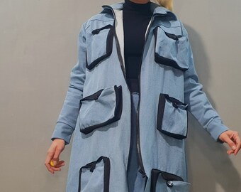 Asymmetrical Denim Blazer – Avant Garde Jean Jacket, Gothic Statement Coat with Pockets, Artistic Women’s Outerwear