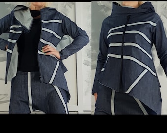 Avant Garde Asymmetrical Denim Blazer: Women's Steampunk Jacket, Extravagant Urban Fashion Outerwear, Statement Coat