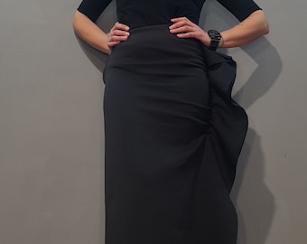 Avant Garde Black Neoprene Skirt – Asymmetrical Long Fitted Skirt, Sculptural Gothic Fashion, Custom Size XS–5XL