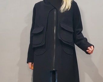 Avant Garde Black Wool Coat – Oversized Hooded Outerwear, Long Gothic Jacket, Extravagant Winter Jacket
