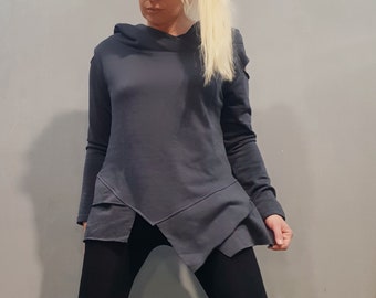 Avant Garde Asymmetrical Cotton Hoodie Tunic, Designer Oversized Streetwear Blouse, Minimalist Urban Sweatshirt, Loose Artistic Top