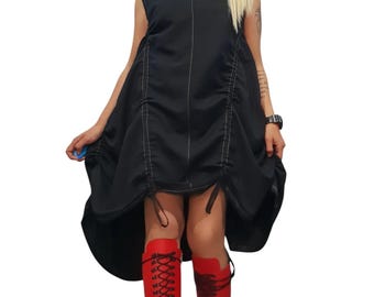 Black Linen Oversized Dress, Avant Garde Asymmetrical High Low Dress