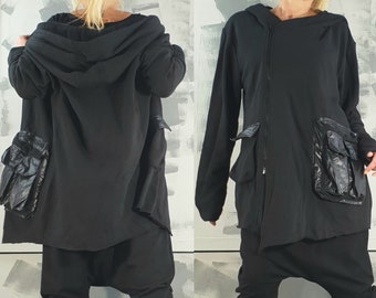 Extravagant Plus Size Cotton Hoodie: Black Maxi Zipper Top