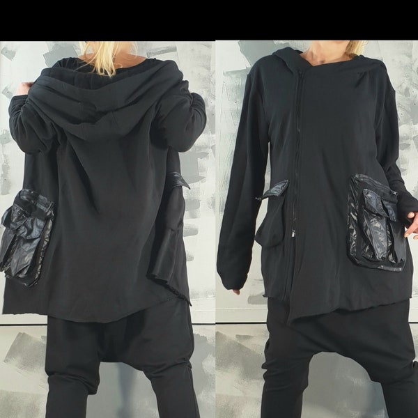 Extravagant Cotton Jacket, Plus Size Hoodie, Long Sleeved Hoodie, Hooded Jacket, Oversized Hoodie, Cotton Zipper Hoodie, Black Maxi Top