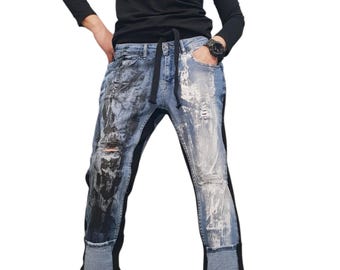 Hand Painted Denim Harem Pants, Avant Garde Drop Crotch Baggy Jeans