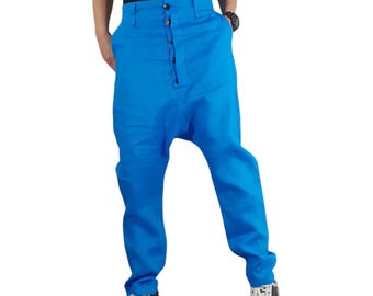 Blue Linen Harem Pants, Drop Crotch Baggy Avant Garde Pants