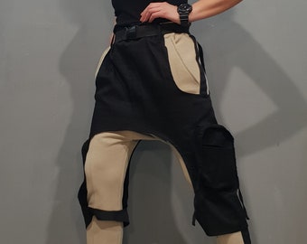 Deconstructed Harem Pants Women, Beige Drop Crotch Pants, Avant Garde Pocket Baggy Trousers