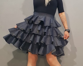 Avant-Garde Denim Ruffle Skirt, Asymmetrical Statement Skirt, Alternative Urban Women Fashion