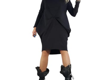 Black Asymmetrical Cotton Dress, Oversized Long Sleeve Midi Dress, Avant Garde Casual Tunic