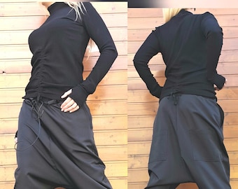 Asymmetrical Black Cotton Top: Avant Garde Turtle Neck Blouse