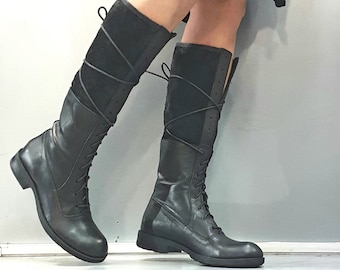 Handmade Flat Women Boots, Black Leather Steampunk Boots, Women's Gothic High Boots, Combat Leather Boots, Knee High Boots
