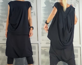 Asymmetrical Black Cotton Tunic: Avant Garde One Shoulder Sleeveless Top