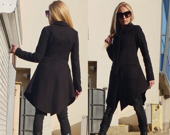 Asymmetrical Wool Overcoat, Avant Garde Edgy Women Jacket, Extravagant Urban Black Coat, Gothic Coat, Streetwear Edgy Fashion