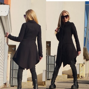 Women Black Asymmetrical Wool Jackets & Coats, Modern Warm