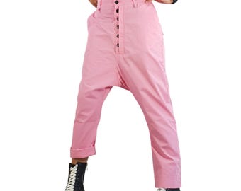Pink Harem Pants Women, Drop Crotch High Waist Avant Garde Pants, Loose Fit